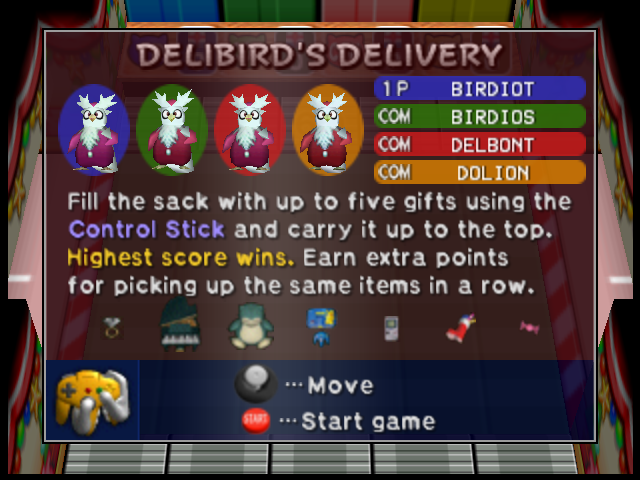 Screenshot of Delibird’s Delivery from an English version of Pokémon Stadium 2, showing the seven available presents.